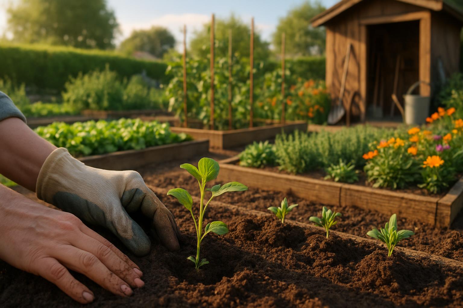 Kleingarten mit üppigem Gemüsegarten und gepflegten Beeten
